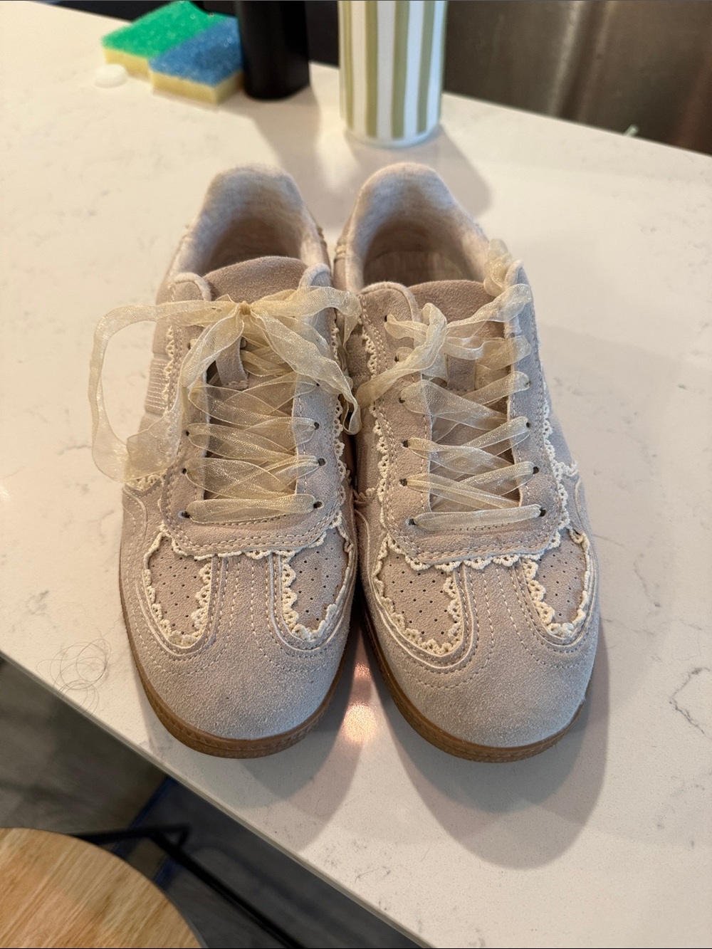 Women's Cream Lace-Trim Suede Sneakers